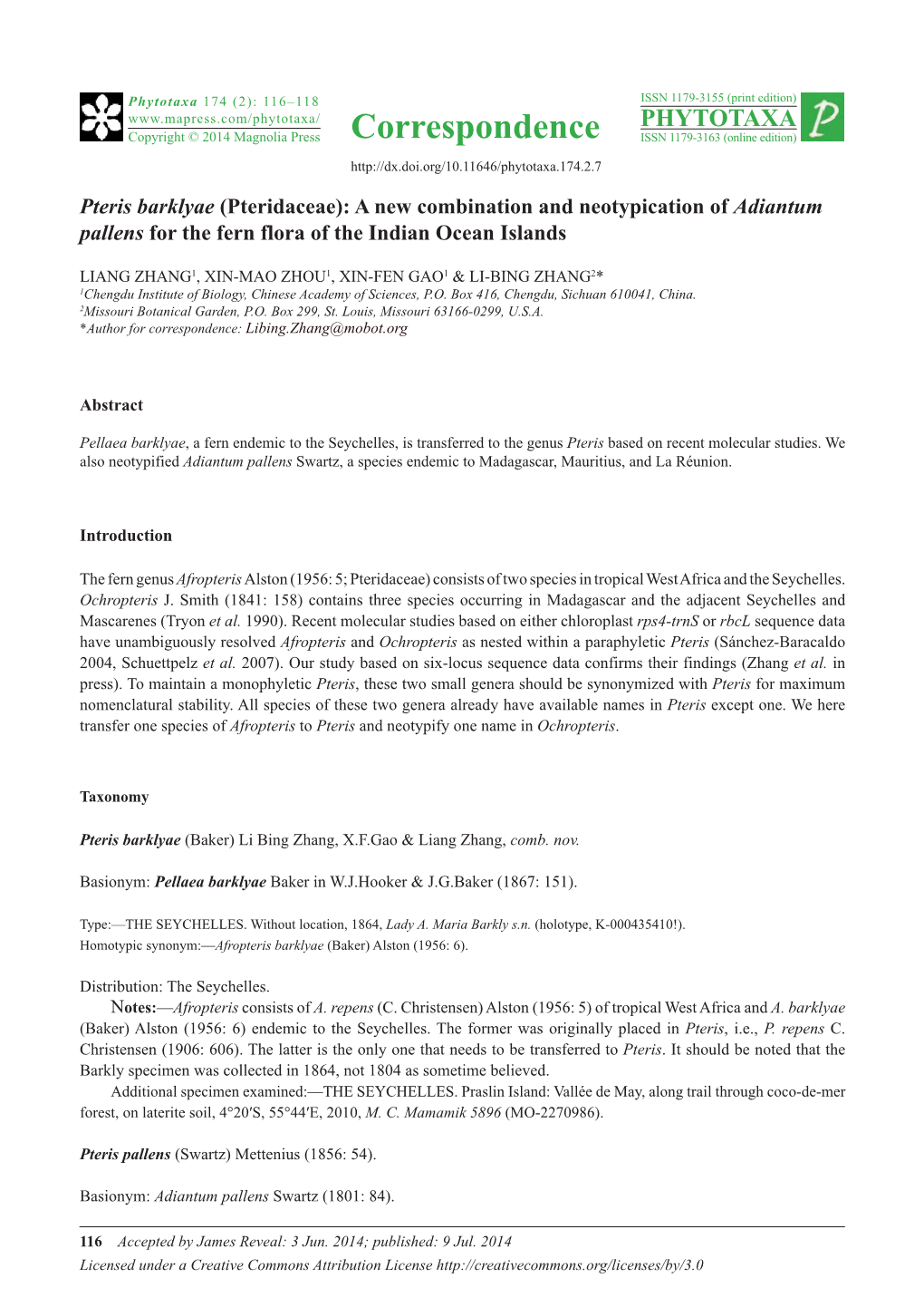 Pteris Barklyae (Pteridaceae): a New Combination and Neotypication of Adiantum Pallens for the Fern Flora of the Indian Ocean Islands