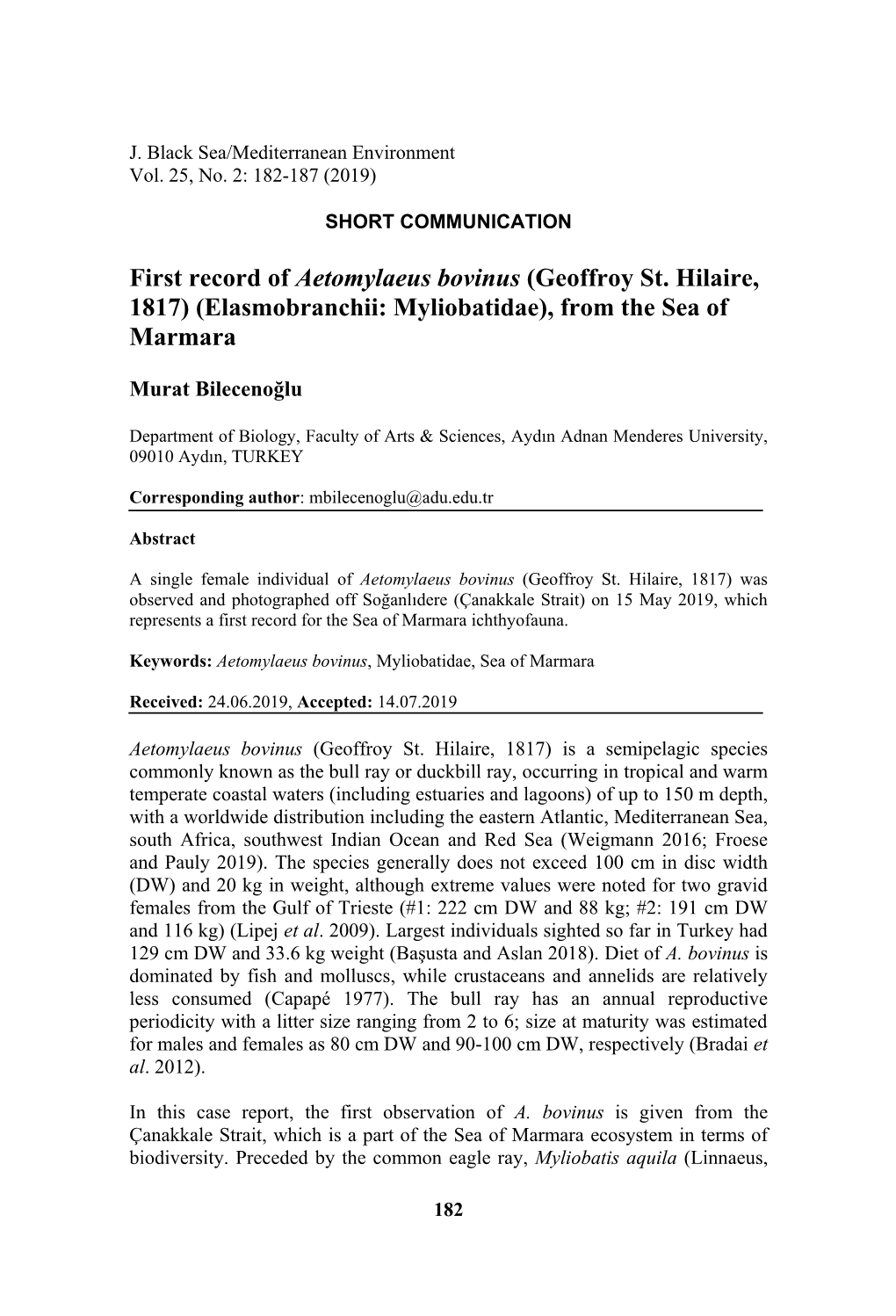 First Record of Aetomylaeus Bovinus (Geoffroy St. Hilaire, 1817) (Elasmobranchii: Myliobatidae), from the Sea of Marmara