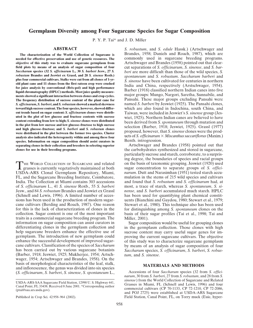 Germplasm Diversity Among Four Sugarcane Species for Sugar Composition