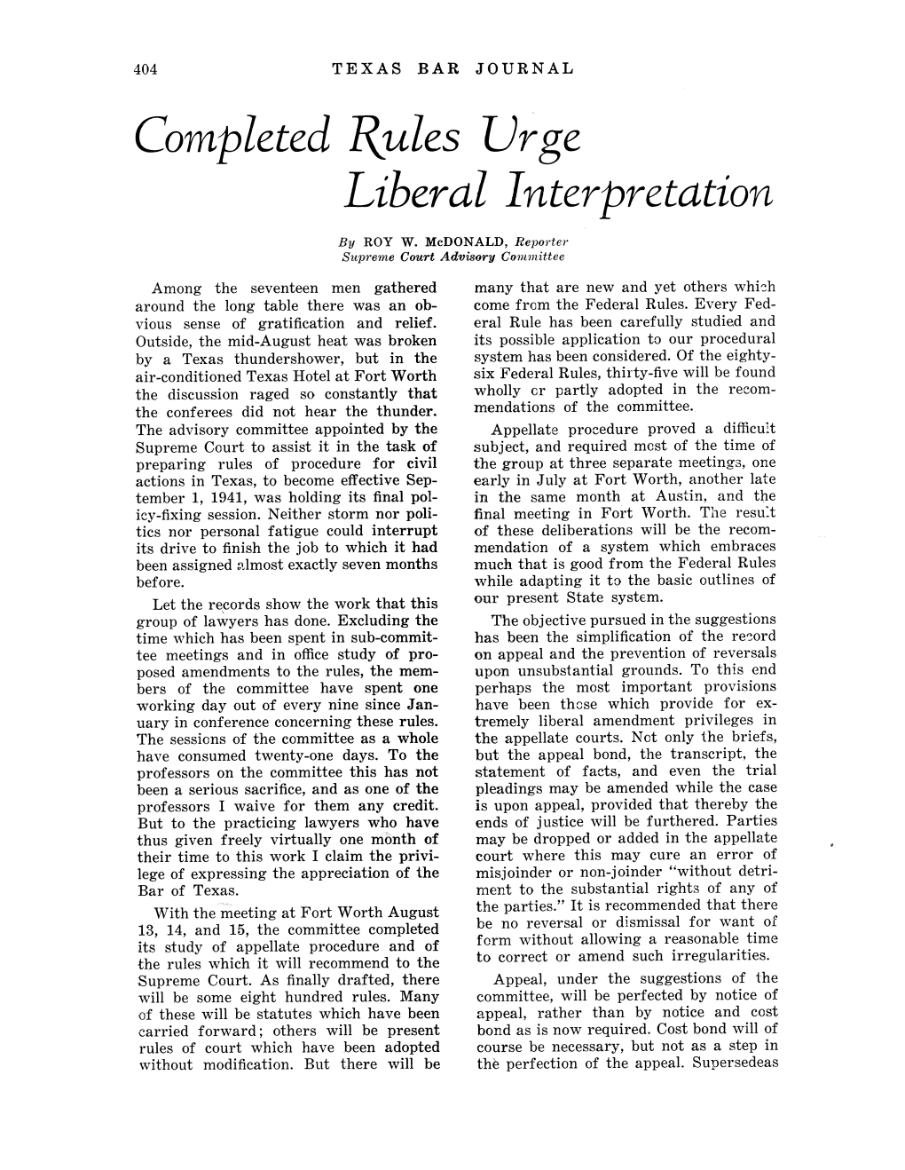 Completed Rules Urge Liberal Interpretation by Roy W. Mcdonald