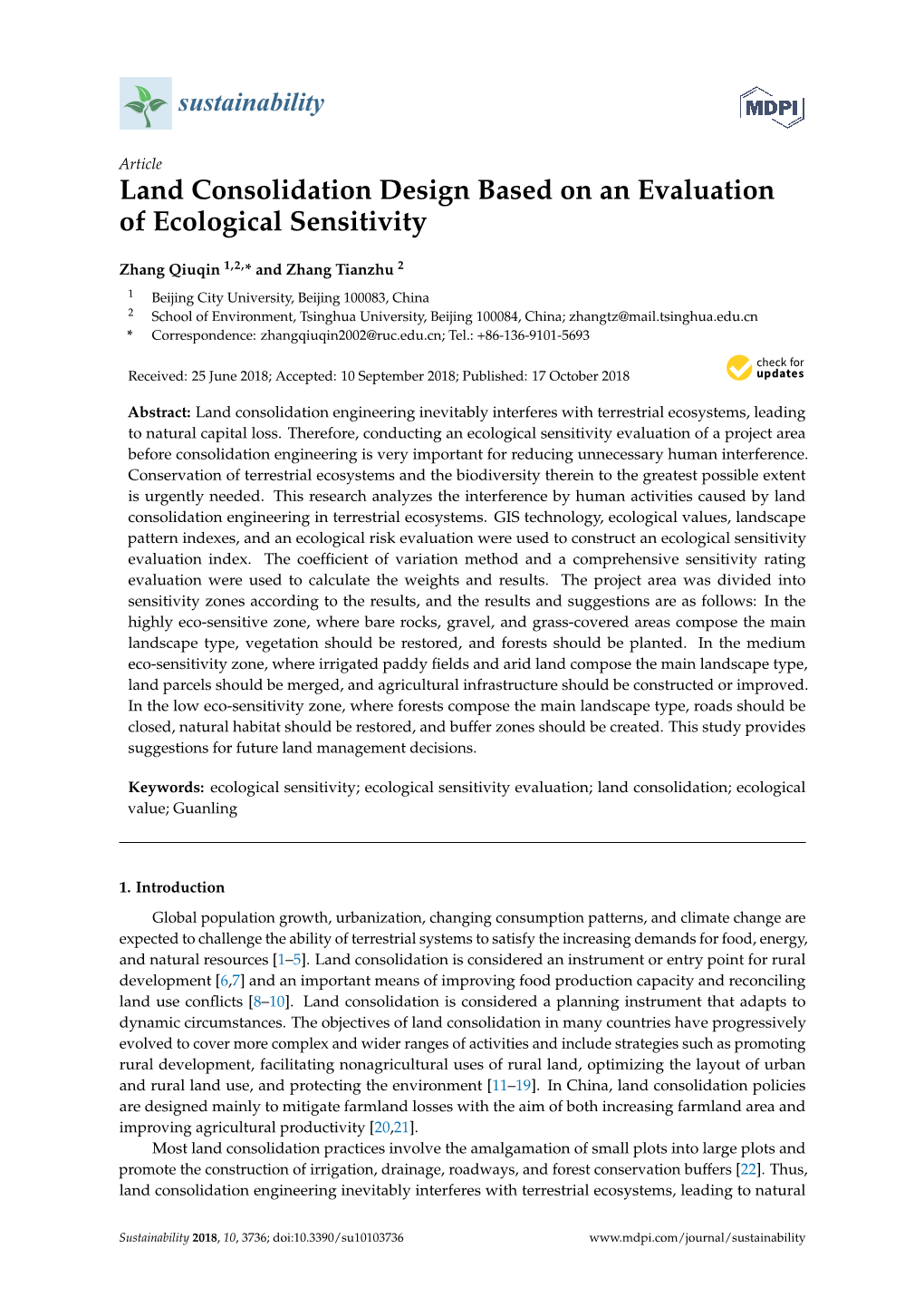 Land Consolidation Design Based on an Evaluation of Ecological Sensitivity