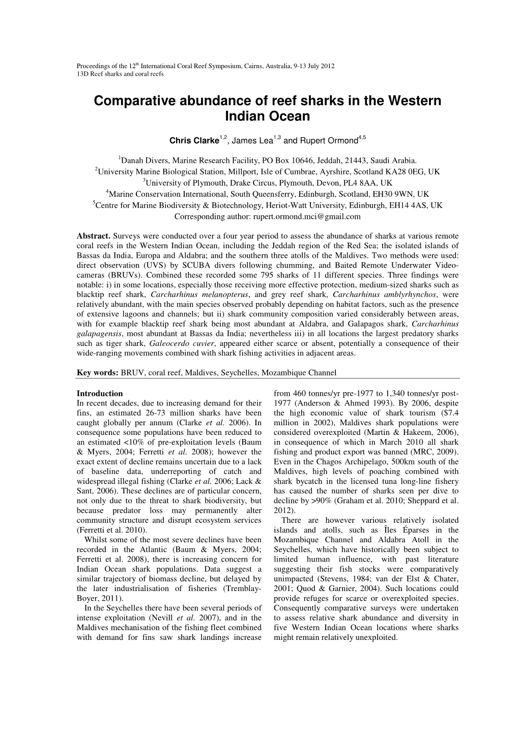 Comparative Abundance of Reef Sharks in the Western Indian Ocean