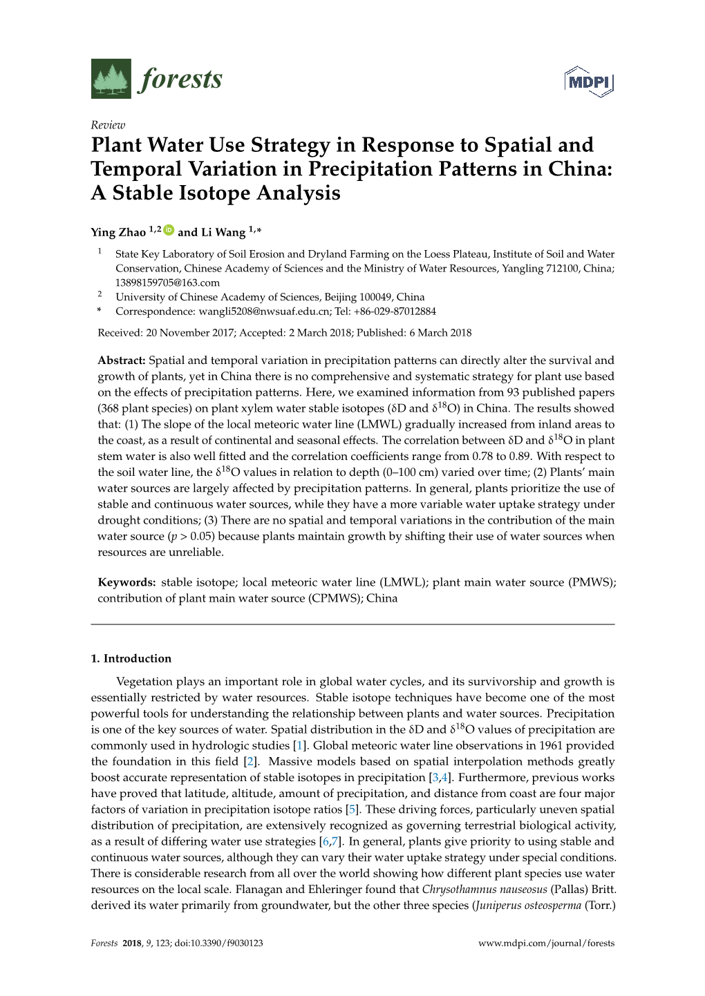 Plant Water Use Strategy in Response to Spatial and Temporal Variation in Precipitation Patterns in China: a Stable Isotope Analysis