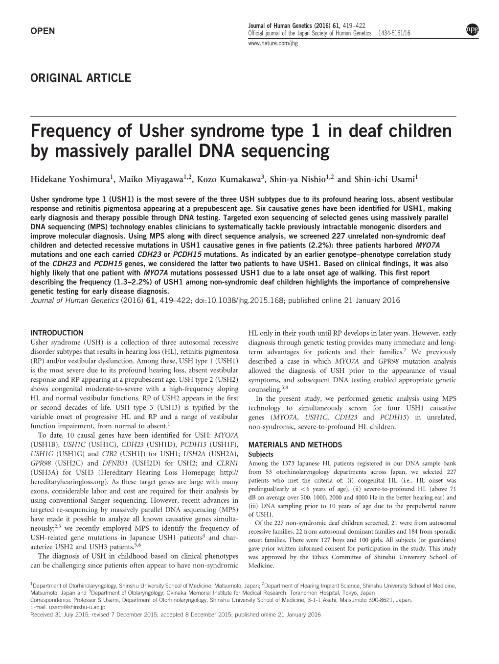 Frequency of Usher Syndrome Type 1 in Deaf Children by Massively Parallel DNA Sequencing