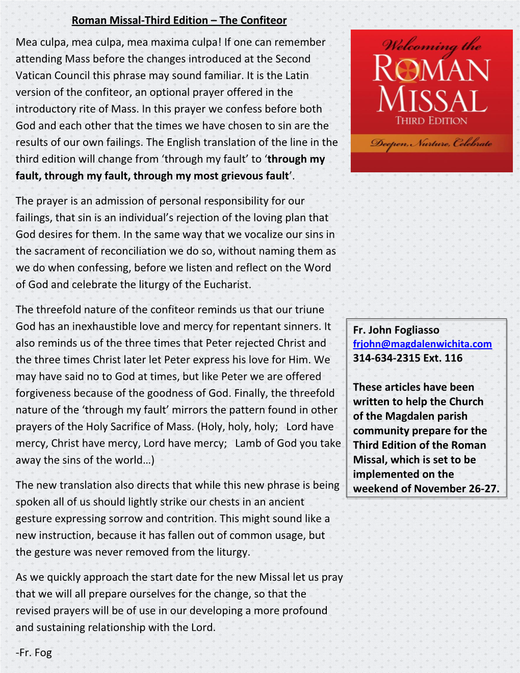 Roman Missal-Third Edition – the Confiteor Mea Culpa, Mea Culpa