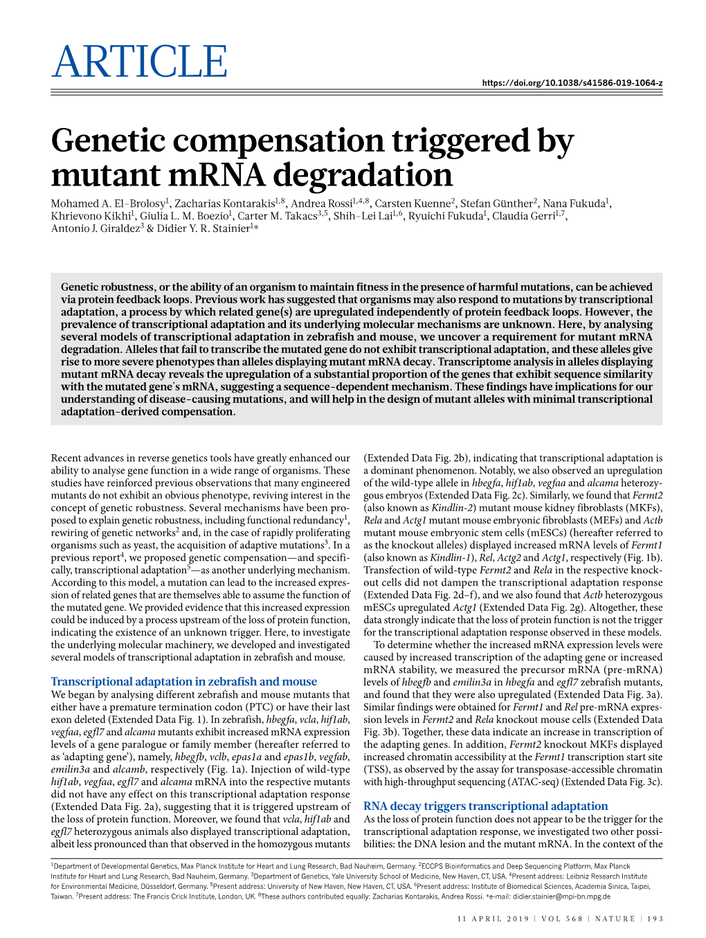 Genetic Compensation Triggered by Mutant Mrna Degradation Mohamed A