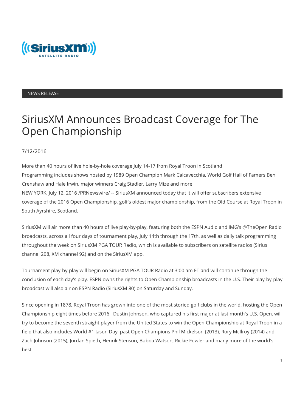 Siriusxm Announces Broadcast Coverage for the Open Championship