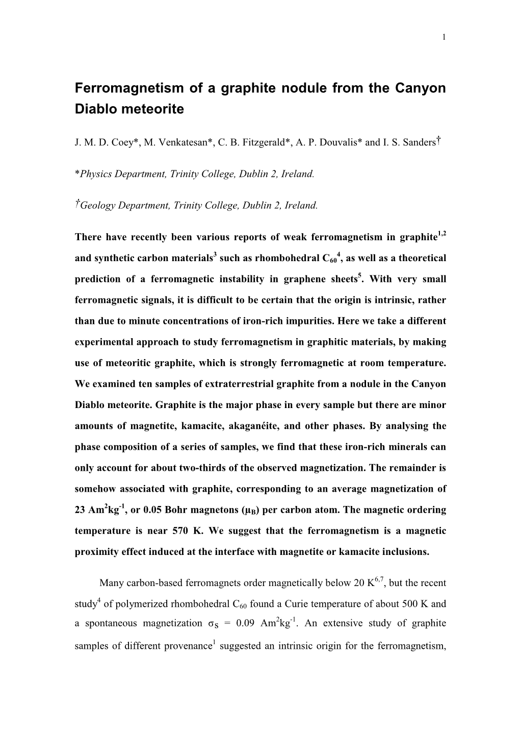 Ferromagnetism of a Graphite Nodule from the Canyon Diablo Meteorite