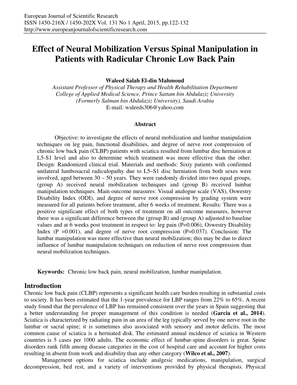 Effect of Neural Mobilization Versus Spinal Manipulation in Patients with Radicular Chronic Low Back Pain