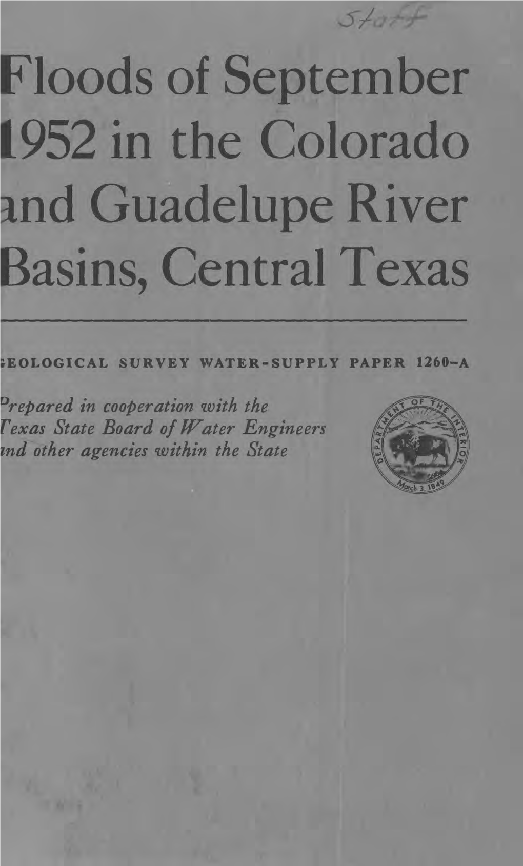 Floods of September ^952 in the Colorado Guadelupe River Basins