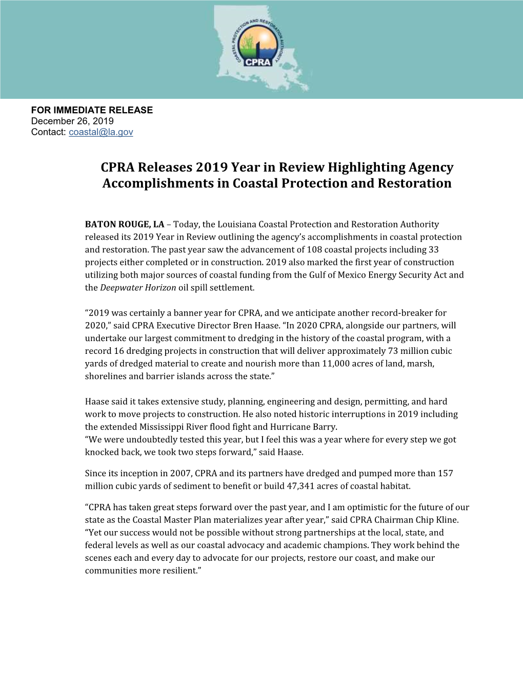 CPRA Releases 2019 Year in Review Highlighting Agency Accomplishments in Coastal Protection and Restoration