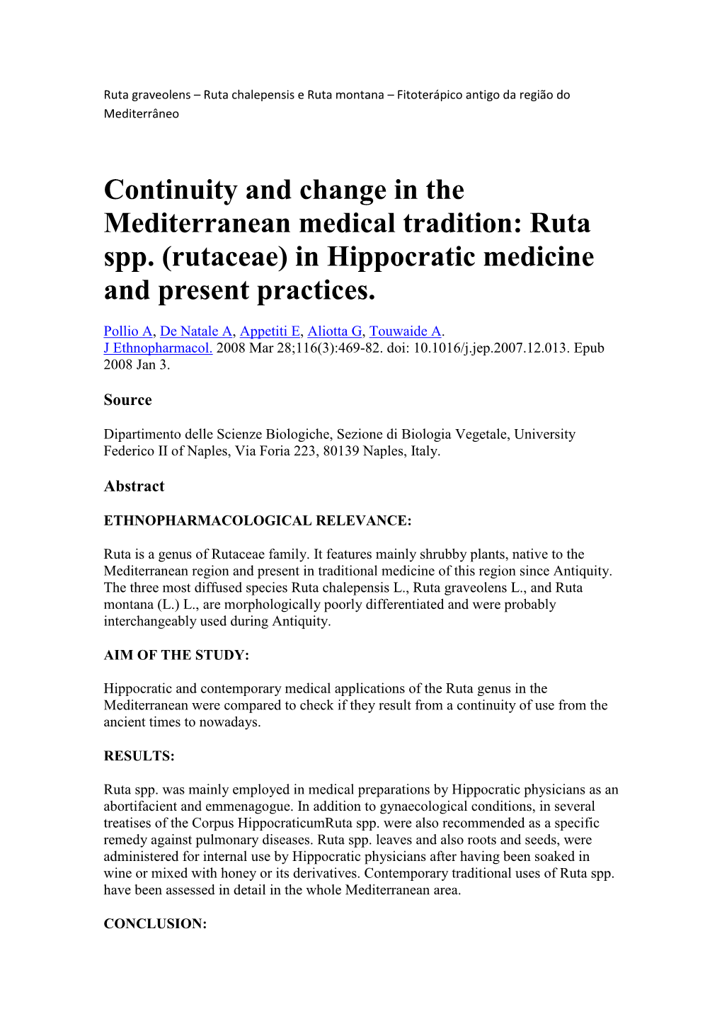 Ruta Spp. (Rutaceae) in Hippocratic Medicine and Present Practices