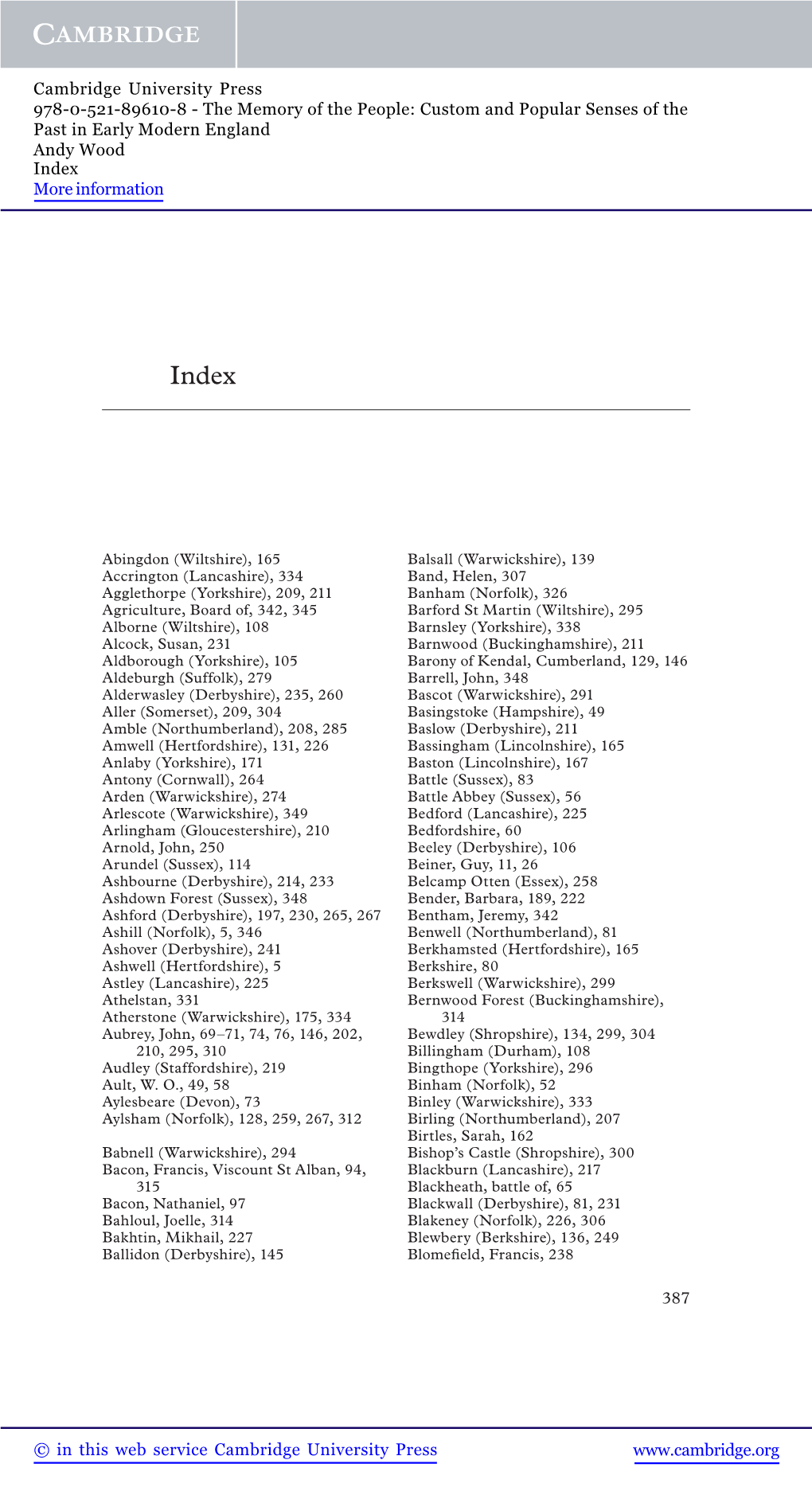 The Memory of the People: Custom and Popular Senses of the Past in Early Modern England Andy Wood Index More Information
