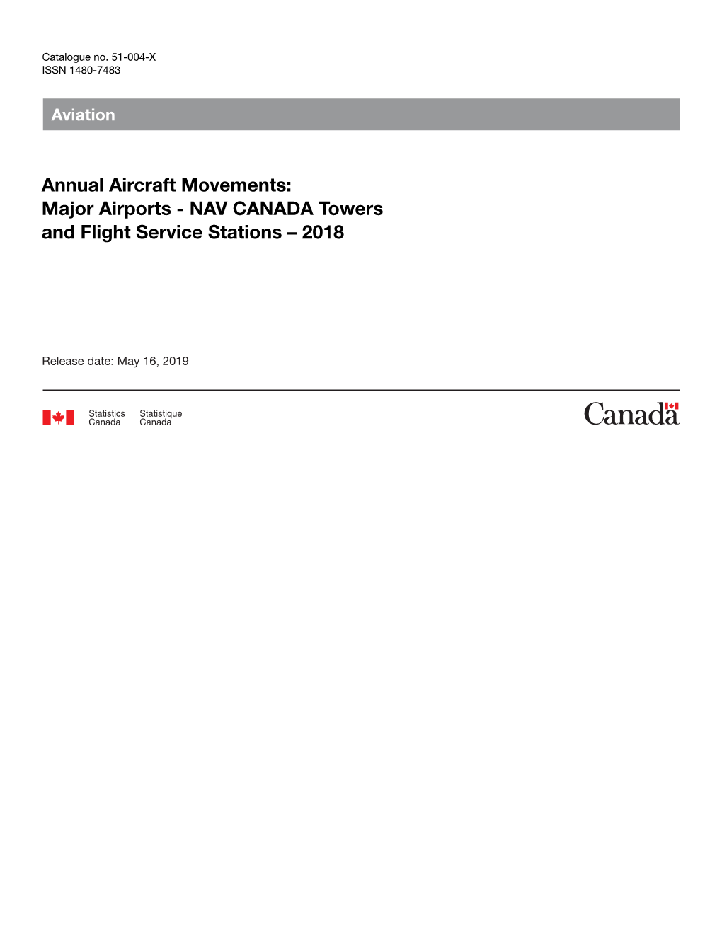 Annual Aircraft Movements: Major Airports - NAV CANADA Towers and Flight Service Stations – 2018