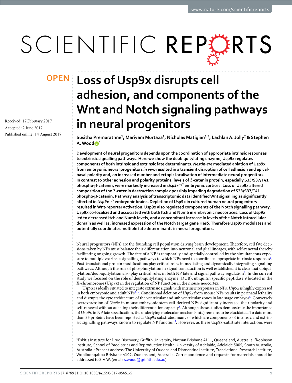 Loss of Usp9x Disrupts Cell Adhesion, and Components of the Wnt And