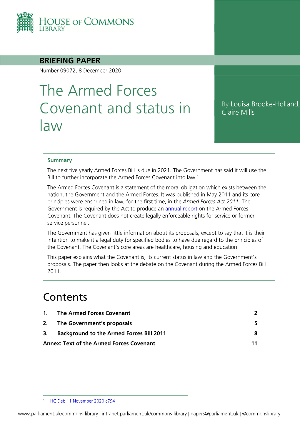 The Armed Forces Covenant and Status in Law