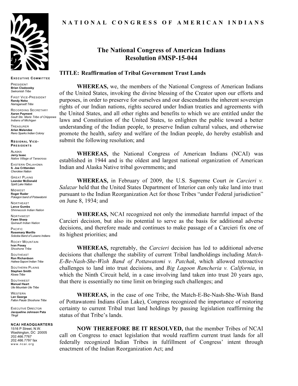 The National Congress of American Indians Resolution #MSP-15-044