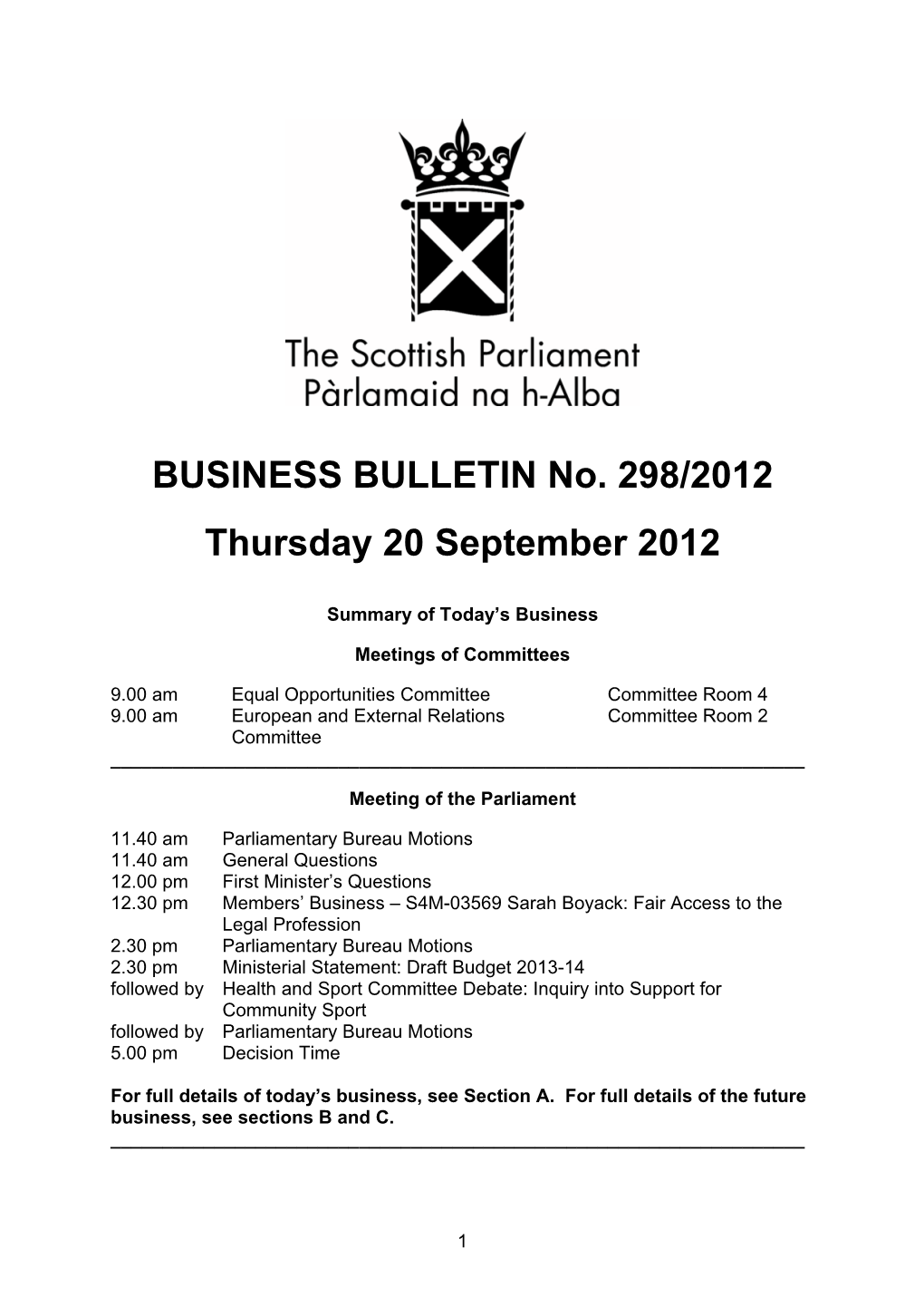 BUSINESS BULLETIN No. 298/2012 Thursday 20 September 2012