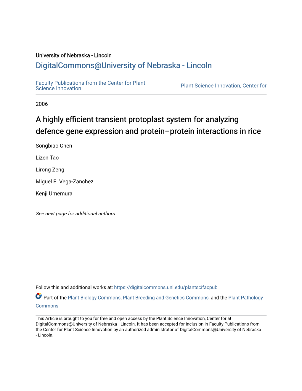 A Highly Efficient Transient Protoplast System for Analyzing Defence Gene