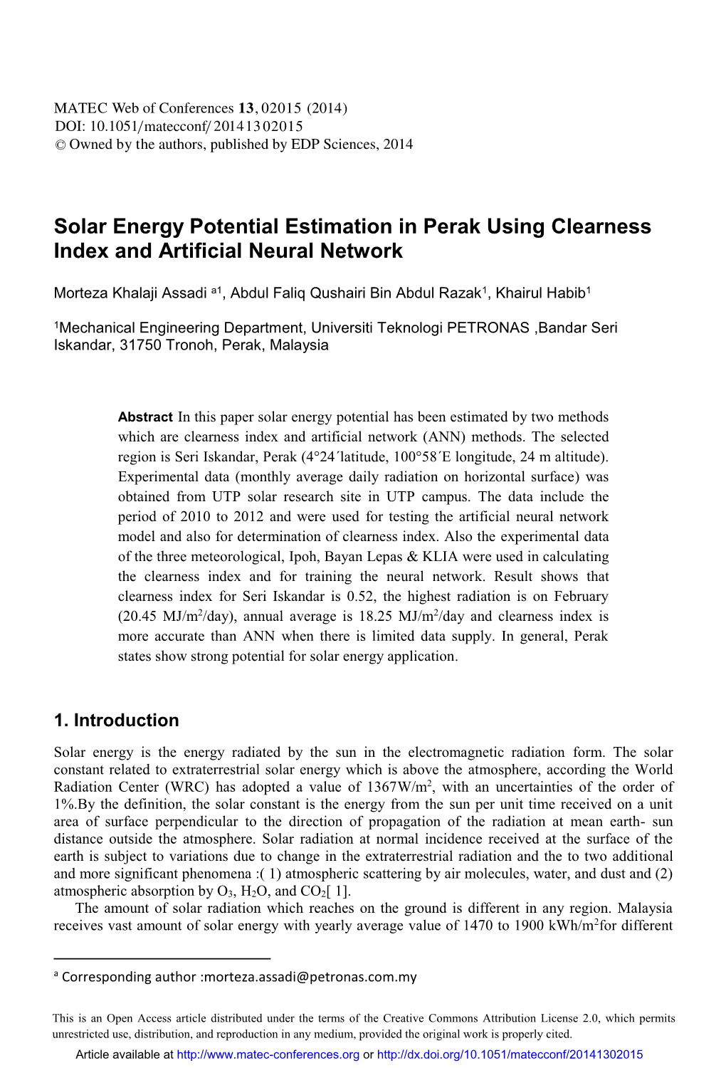 Solar Energy Potential Estimation in Perak Using Clearness Index and Artificial Neural Network