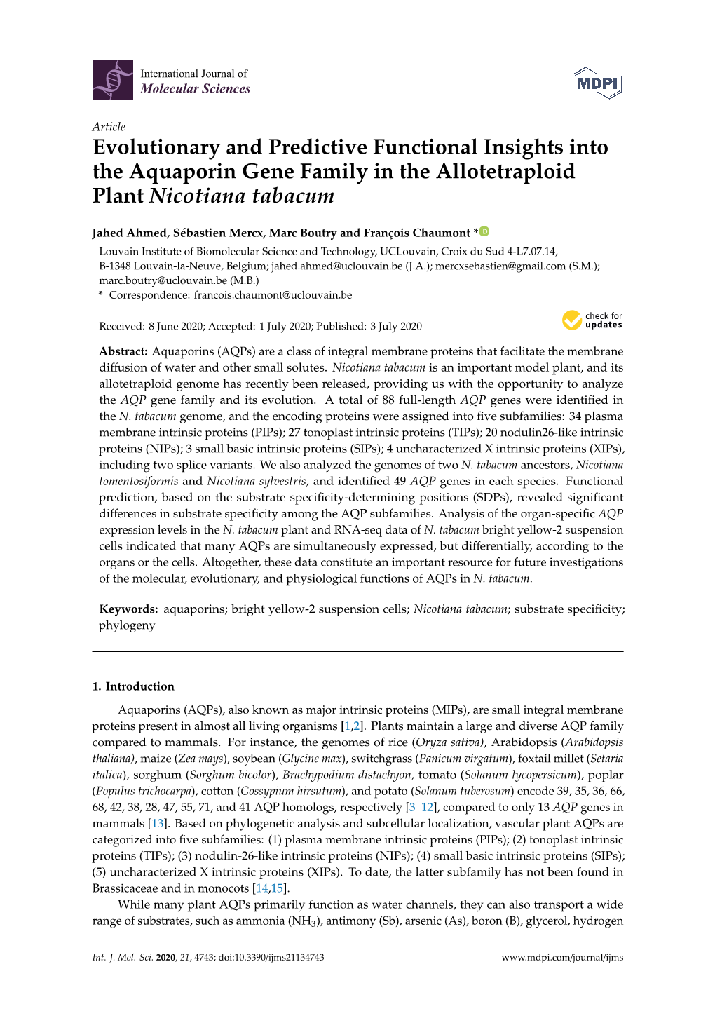 Evolutionary and Predictive Functional Insights Into the Aquaporin Gene Family in the Allotetraploid Plant Nicotiana Tabacum