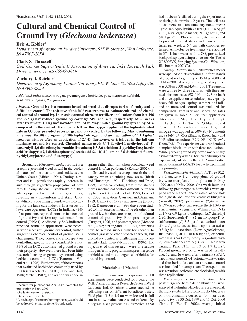 Cultural and Chemical Control of Ground Ivy (Glechoma Hederacea)