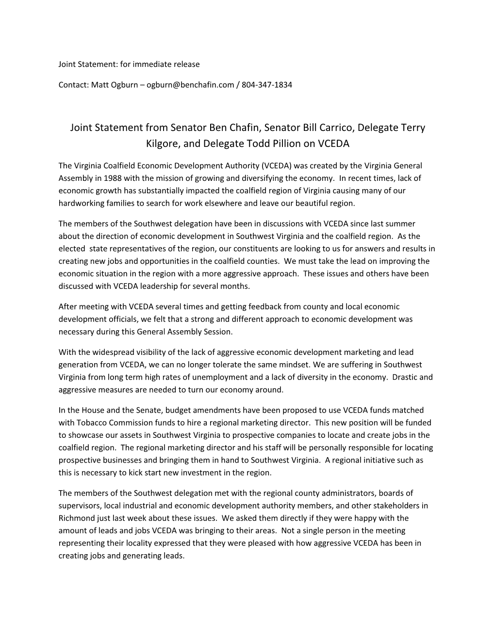 Joint Statement from Senator Ben Chafin, Senator Bill Carrico, Delegate Terry Kilgore, and Delegate Todd Pillion on VCEDA