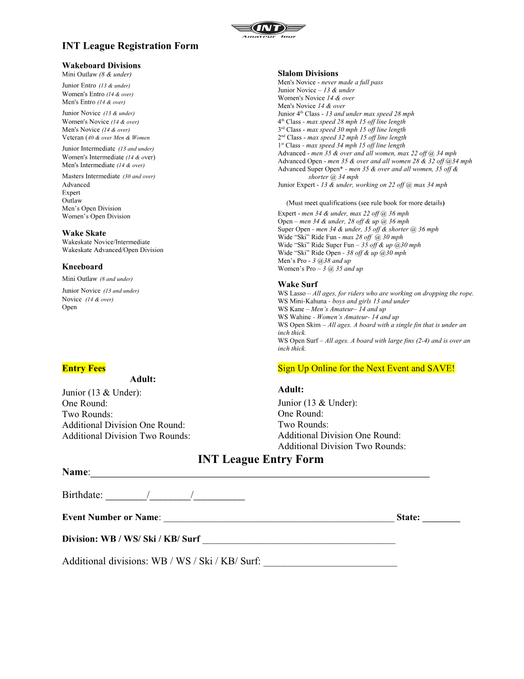 INT League Registration Form