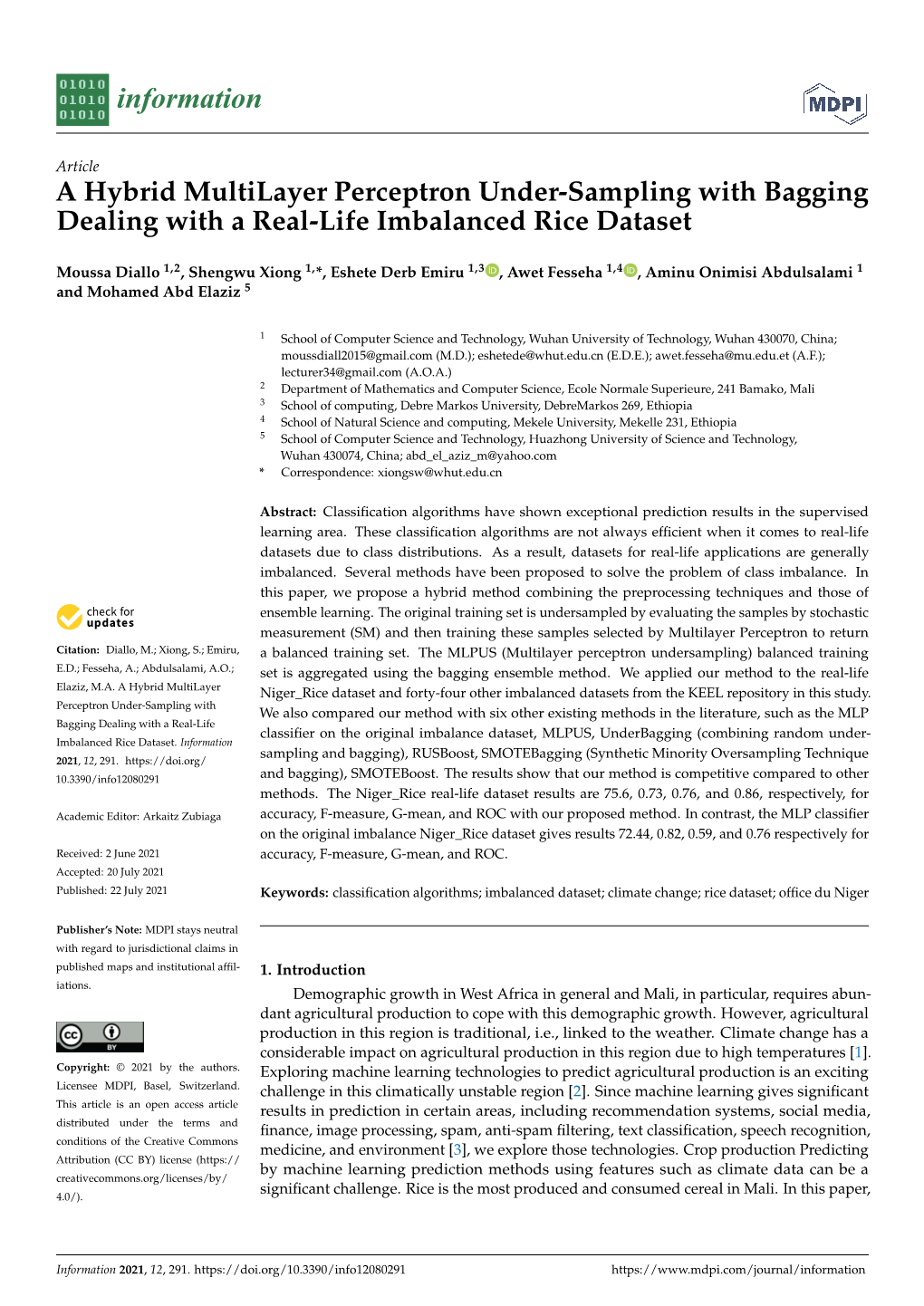 A Hybrid Multilayer Perceptron Under-Sampling with Bagging Dealing with a Real-Life Imbalanced Rice Dataset