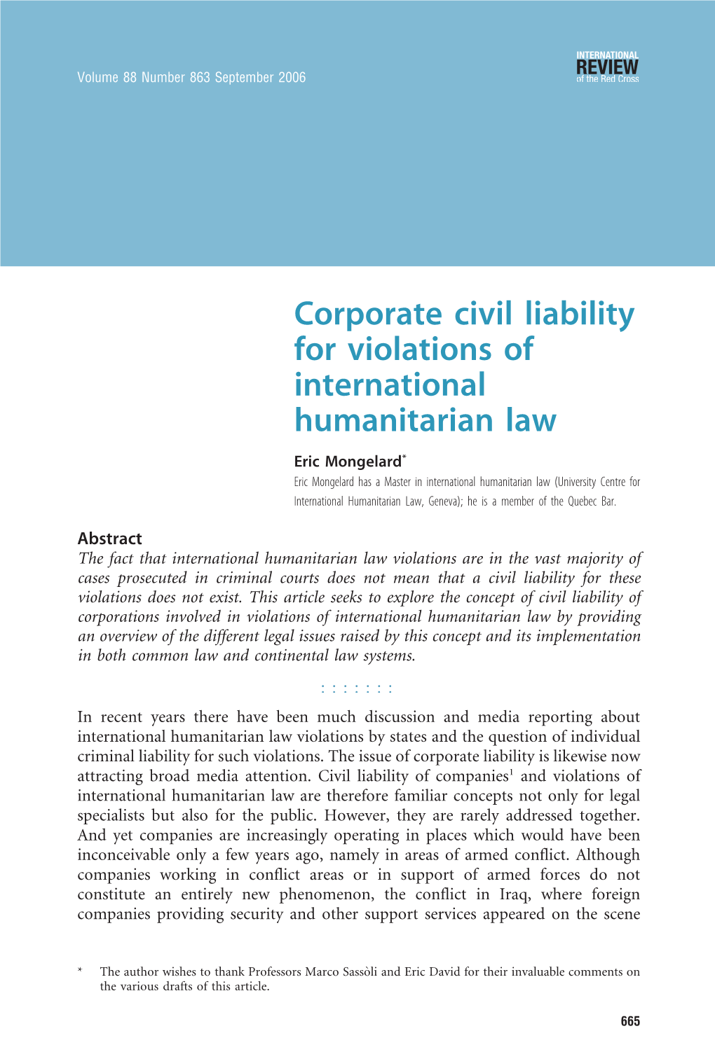 Corporate Civil Liability for Violations of International Humanitarian