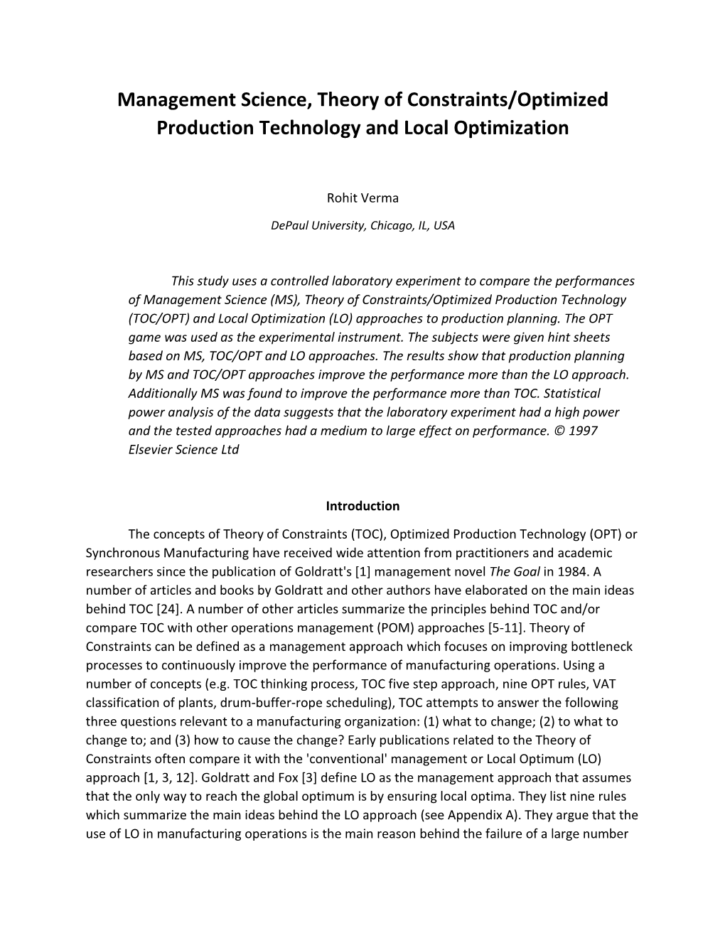 Management Science, Theory of Constraints/Optimized Production Technology and Local Optimization