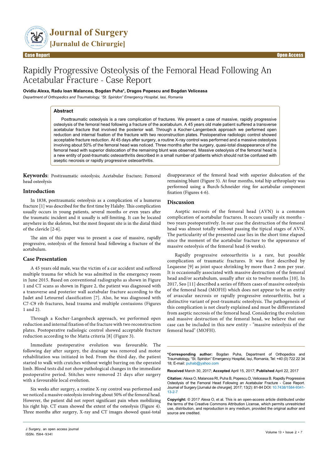 Rapidly Progressive Osteolysis of the Femoral Head Following an Acetabular Fracture - Case Report