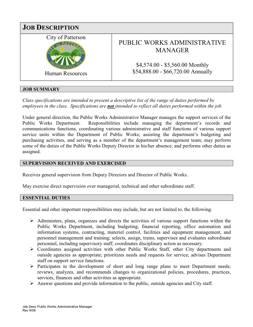 Public Works Administrative Manager