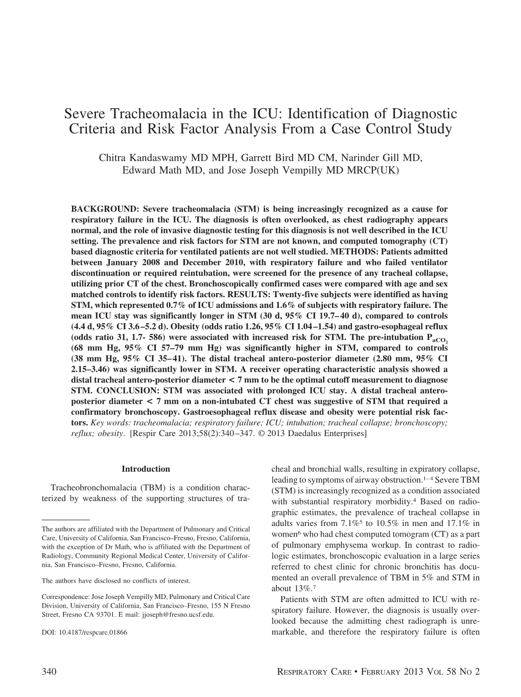 Severe Tracheomalacia in the ICU: Identification of Diagnostic Criteria and Risk Factor Analysis from a Case Control Study