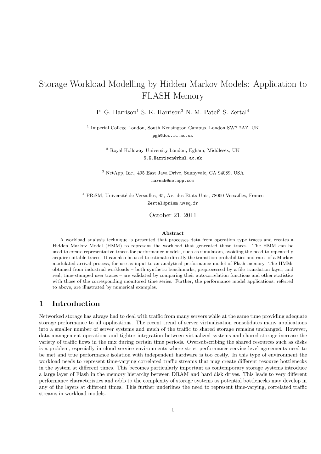 Storage Workload Modelling by Hidden Markov Models: Application to FLASH Memory