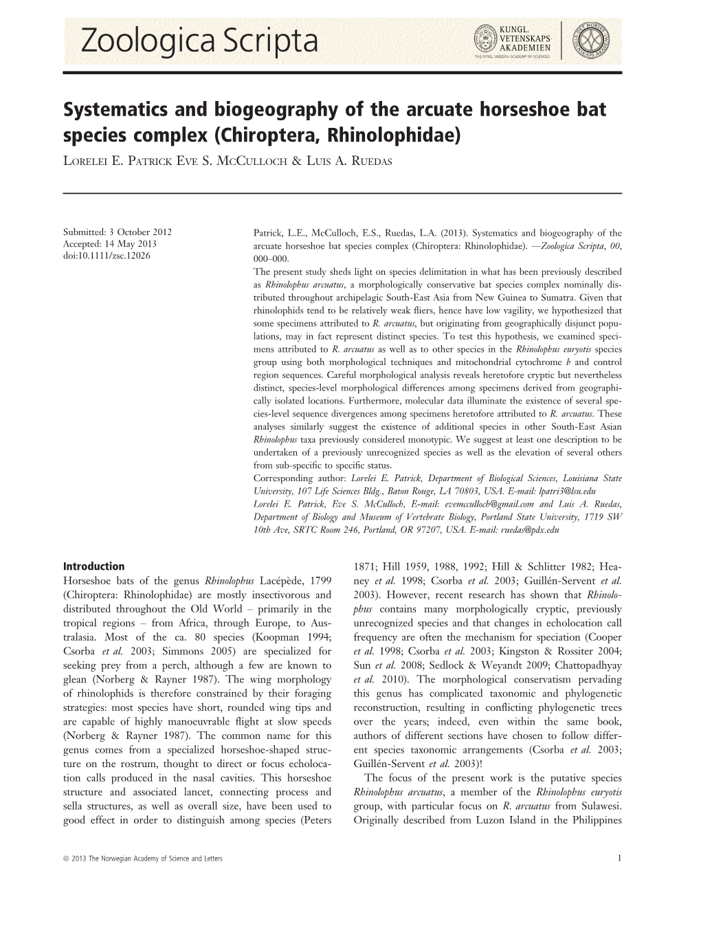 Systematics and Biogeography of the Arcuate Horseshoe Bat Species Complex (Chiroptera, Rhinolophidae)