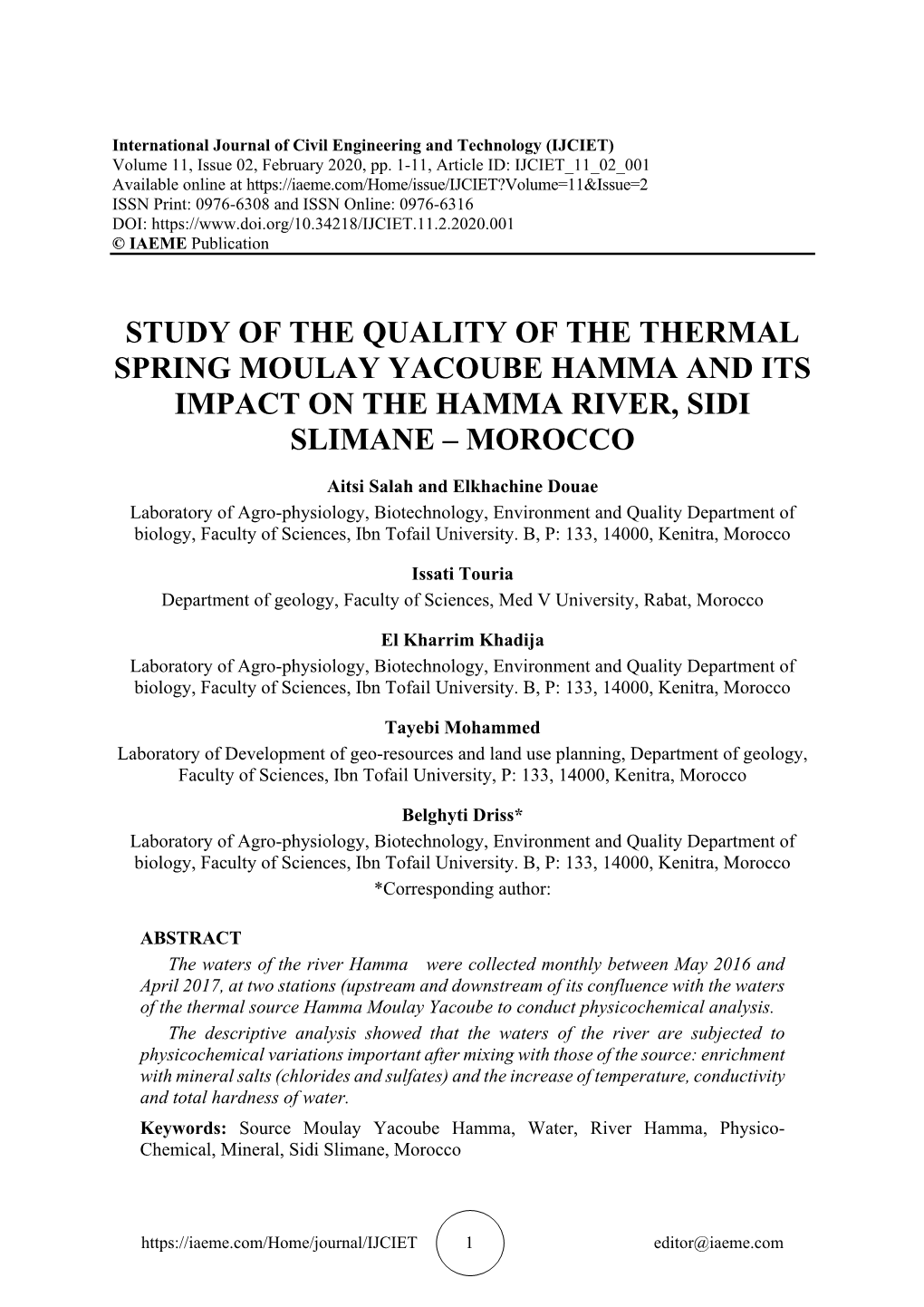 Study of the Quality of the Thermal Spring Moulay Yacoube Hamma and Its Impact on the Hamma River, Sidi Slimane – Morocco