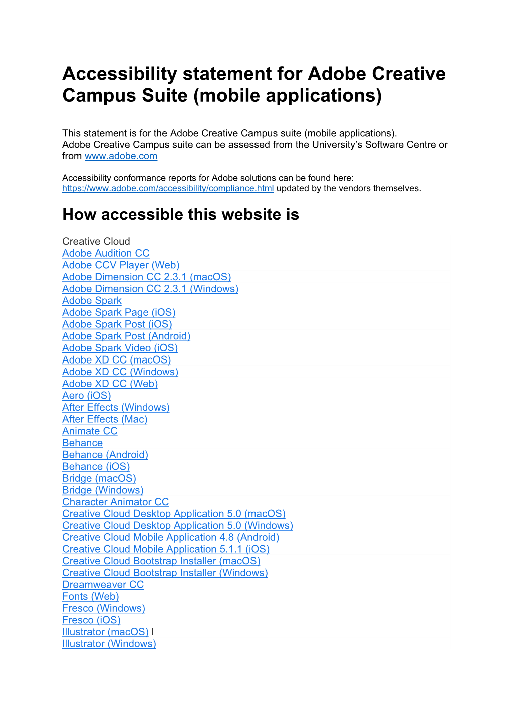 Accessibility Statement for Mobile Compliance of Adobe