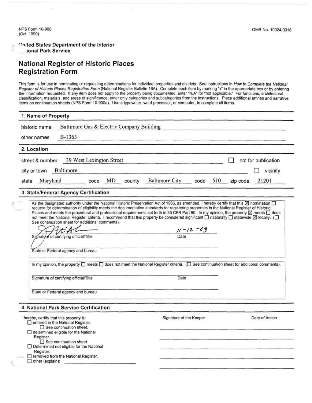 National Register of Historic Places Continuation Sheet Baltimore Gas & Electric Co