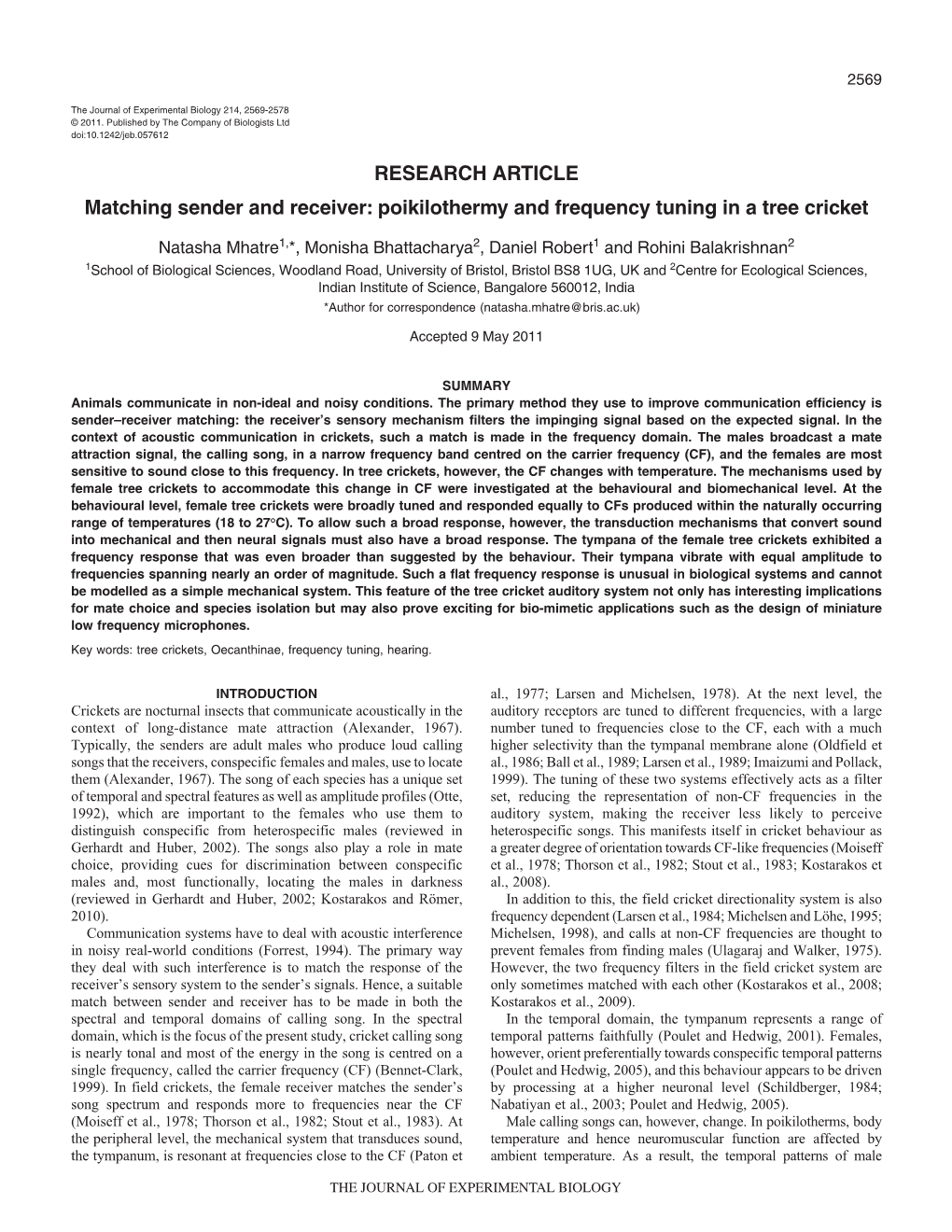 Poikilothermy and Frequency Tuning in a Tree Cricket