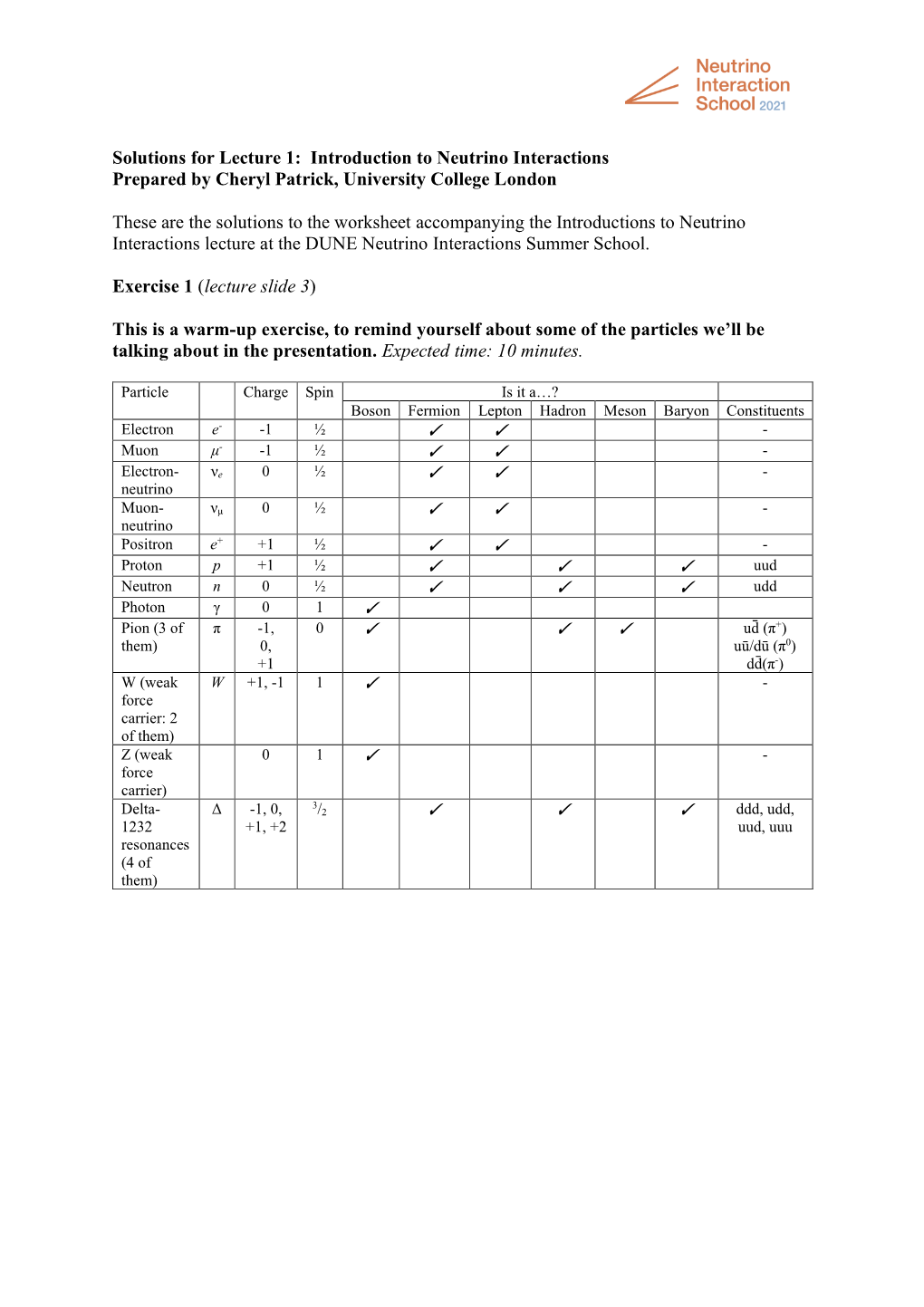 Solutions for Lecture 1: Introduction to Neutrino Interactions Prepared by Cheryl Patrick, University College London These