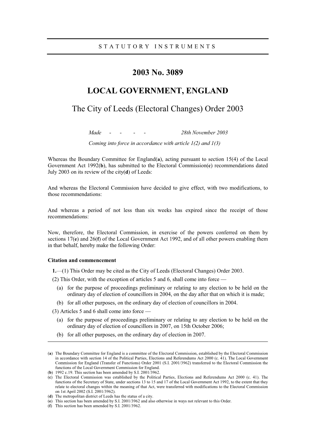 Electoral Changes) Order 2003
