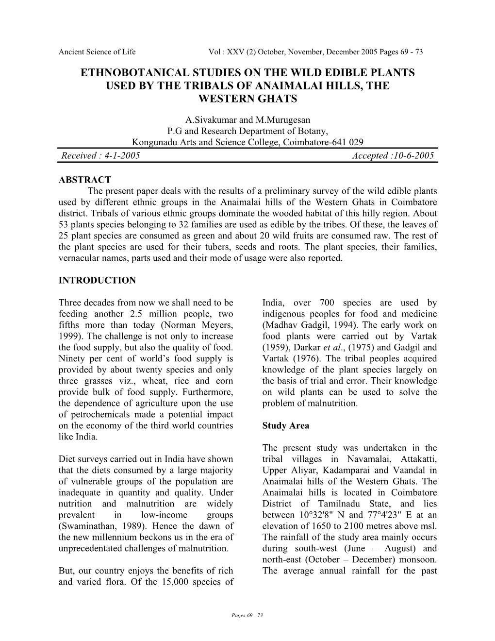 Ethnobotanical Studies on the Wild Edible Plants Used by the Tribals of Anaimalai Hills, the Western Ghats