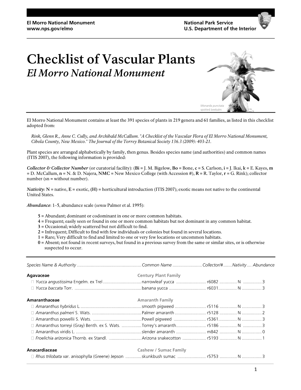 Checklist of Vascular Plants El Morro National Monument