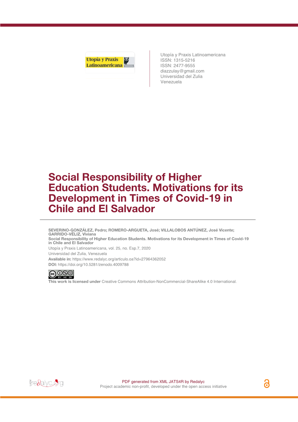 Social Responsibility of Higher Education Students. Motivations for Its Development in Times of Covid-19 in Chile and El Salvador