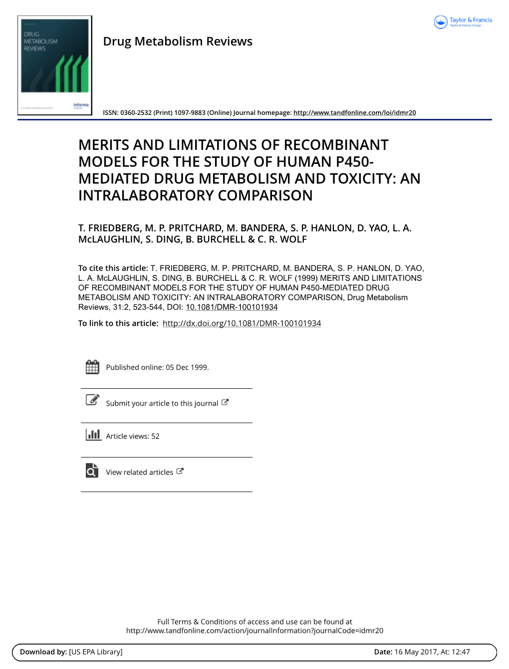 Merits and Limitations of Recombinant Models for the Study of Human P450- Mediated Drug Metabolism and Toxicity: an Intralaboratory Comparison