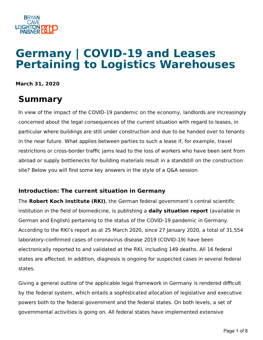 Germany | COVID-19 and Leases Pertaining to Logistics Warehouses