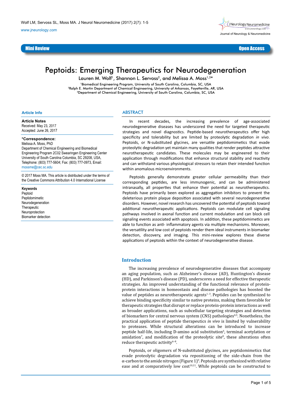 Peptoids: Emerging Therapeutics for Neurodegeneration Lauren M