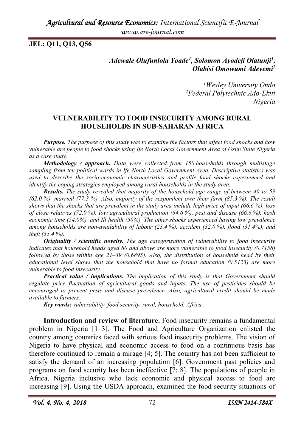 Vulnerability to Food Insecurity Among Rural Households in Sub-Saharan Africa