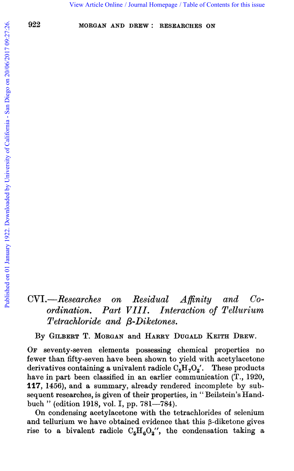 Ordination. Part VIII. Interaction of Tellurium Tetrachloride and P-Diketones